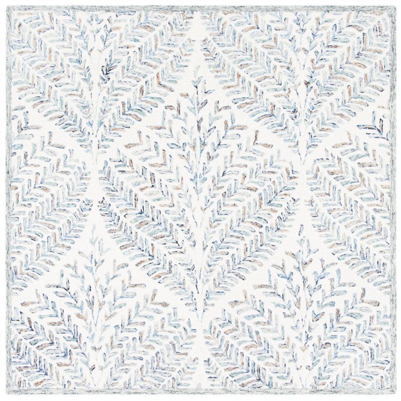 Tapis ivoire / bleu en laine touffeté à la main Ikat, Carré 4 pi