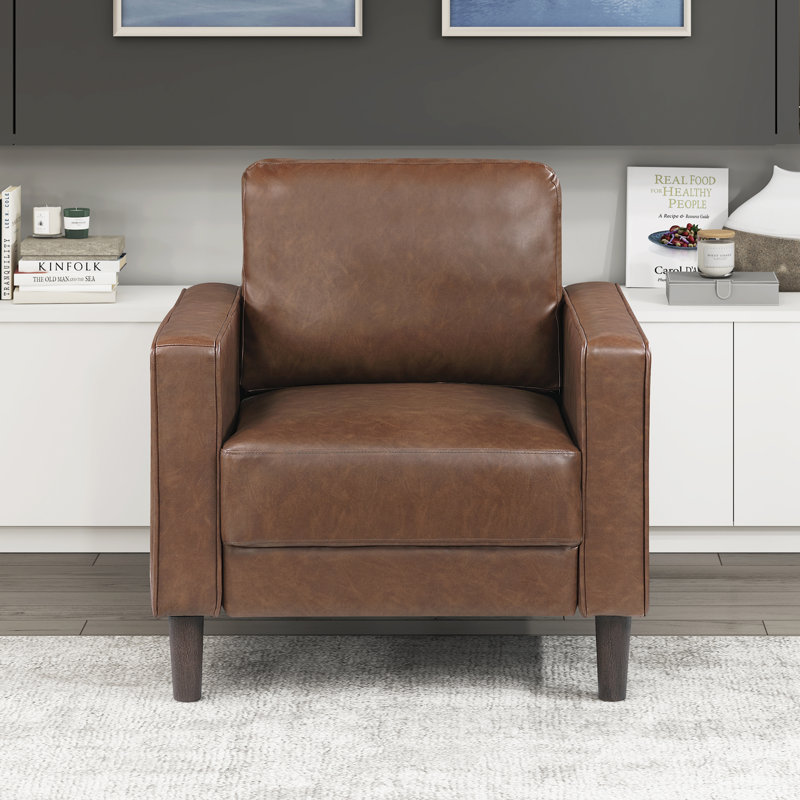  Kartir 33" Modern & Contemporary Armchair with Faux Leather Upholstery, Pocket Coils, Faux Wood Feet, Chocolate