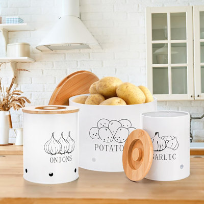3-piece White Metal Storage Canister Set with Wood Lids and Aerating Storage Holes 3-piece White Metal Storage Canister Set with Wood Lids and Aerating Storage Holes