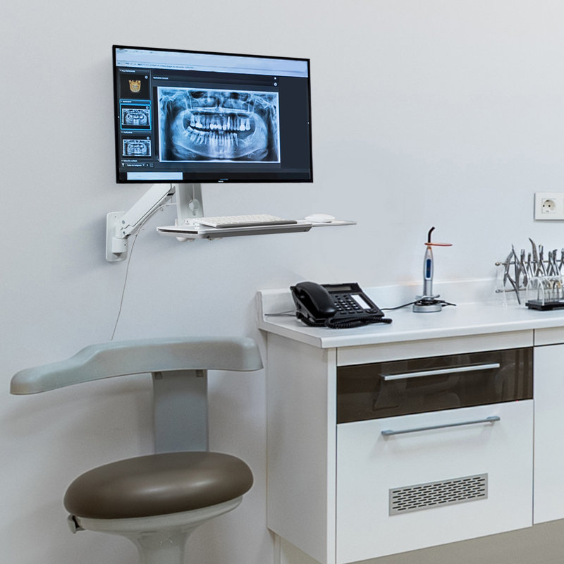 White Swing Arm Computer Mount for Less than 40" Screens with Shelving Holds up to 10kg.