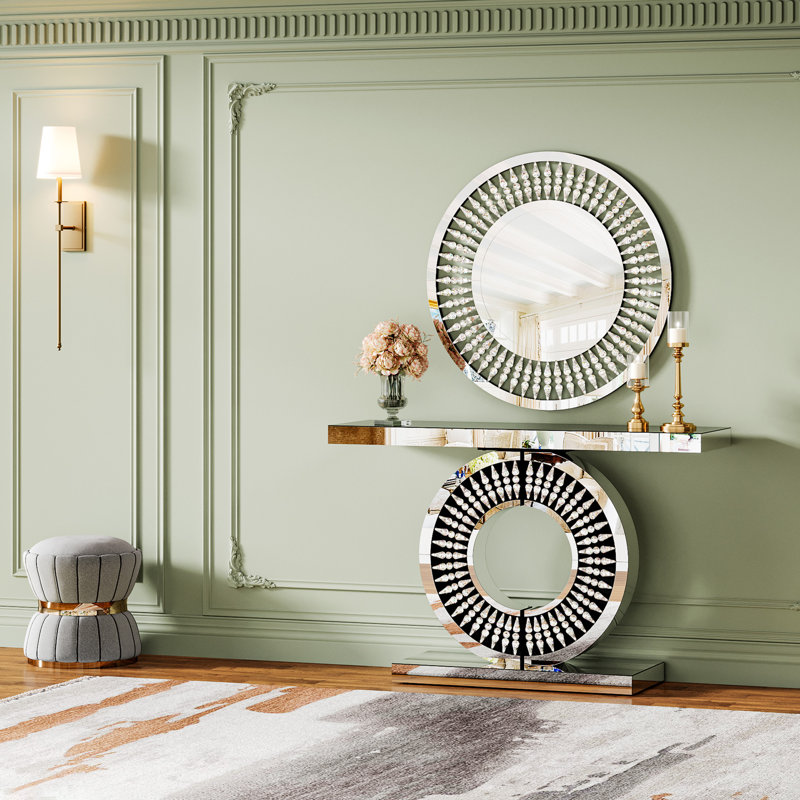 43-Inch Mirrored Console Table With Round Jeweled Decorative Wall Mirror Set Of 2