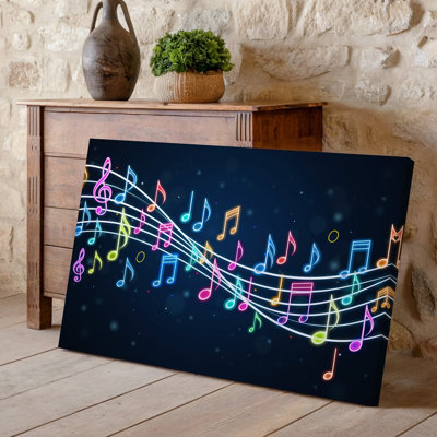 Toile, un tableau vibrant de notes musicales colorées éparpillées contre un art mural sur fond noir profond créant un art mural sur toile dynamique et dynamique