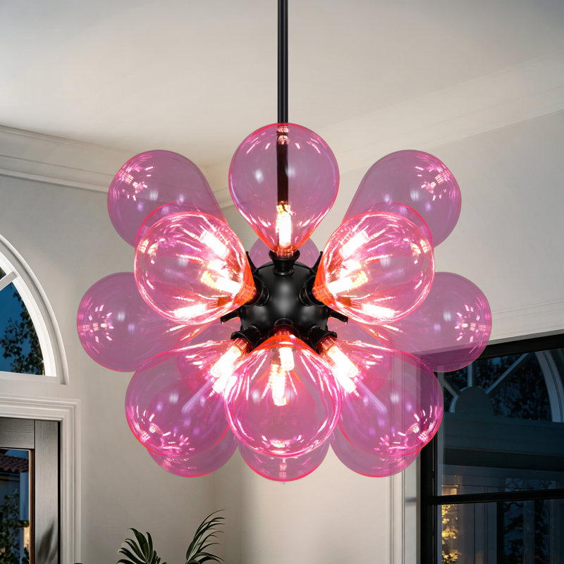 Lustre en verre bullé 18 lumières à intensité variable pour salle à manger Spoutnik, Pink