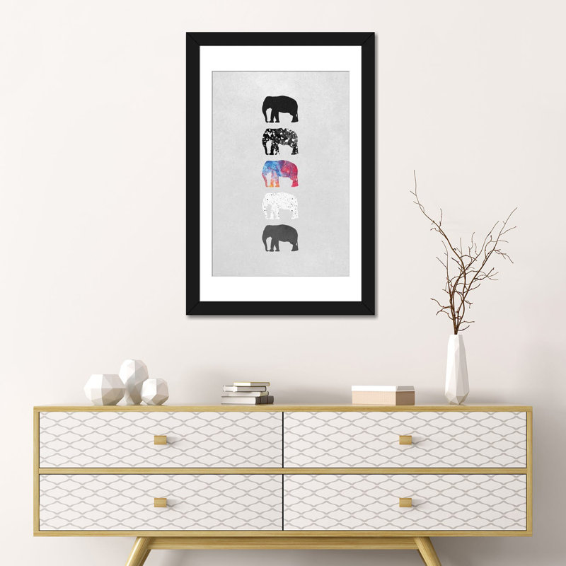 «Five Elephants», impression sur toile, H 24 po x l 16 po x P 1 po, Papier d'art encadré noir, Blanc
