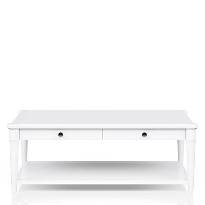 Table basse blanche avec rangement à deux tiroirs et roulettes, bois massif, 2 tiroirs de rangement transitionnels, + attrait