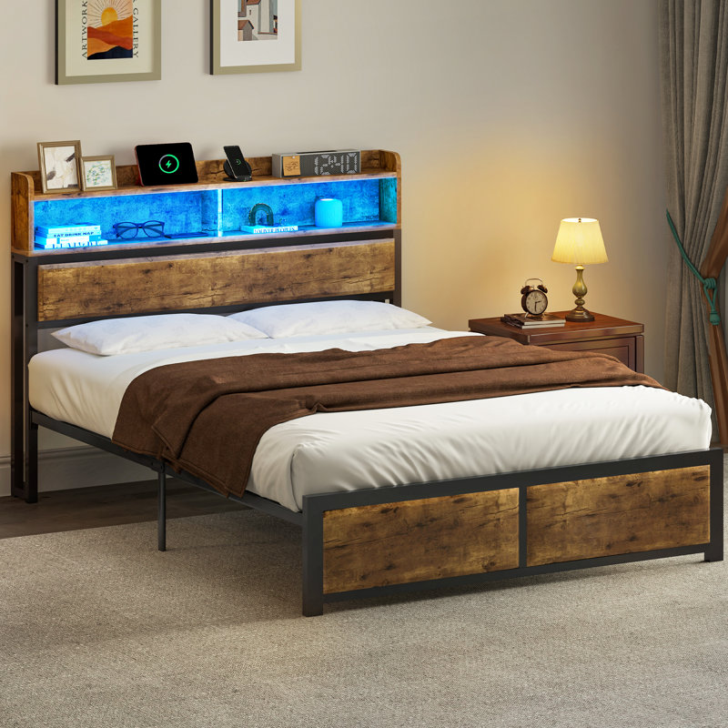 Kingsize Bed Frame with LED Headboard, Metal Platform Bed Frame with USB Ports&Charging Outlets, 2 Tiers Storage Shelves