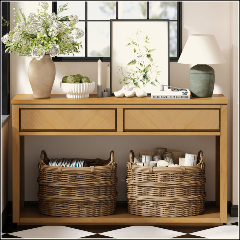 55" Console Table, Rustic Wooden Entryway Table With Storage Drawers And Open Shelf, Elegant Sofa Table For Hallway And Living Room