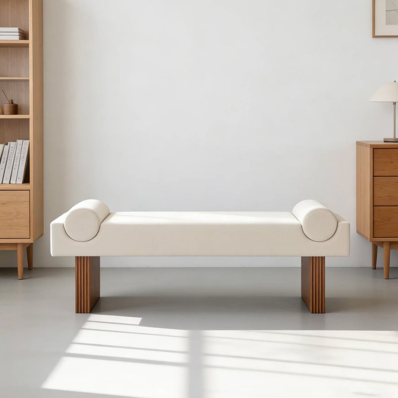 Banc rembourré en bois massif blanc, 17.72" H x 47.24" W x 15.75" D