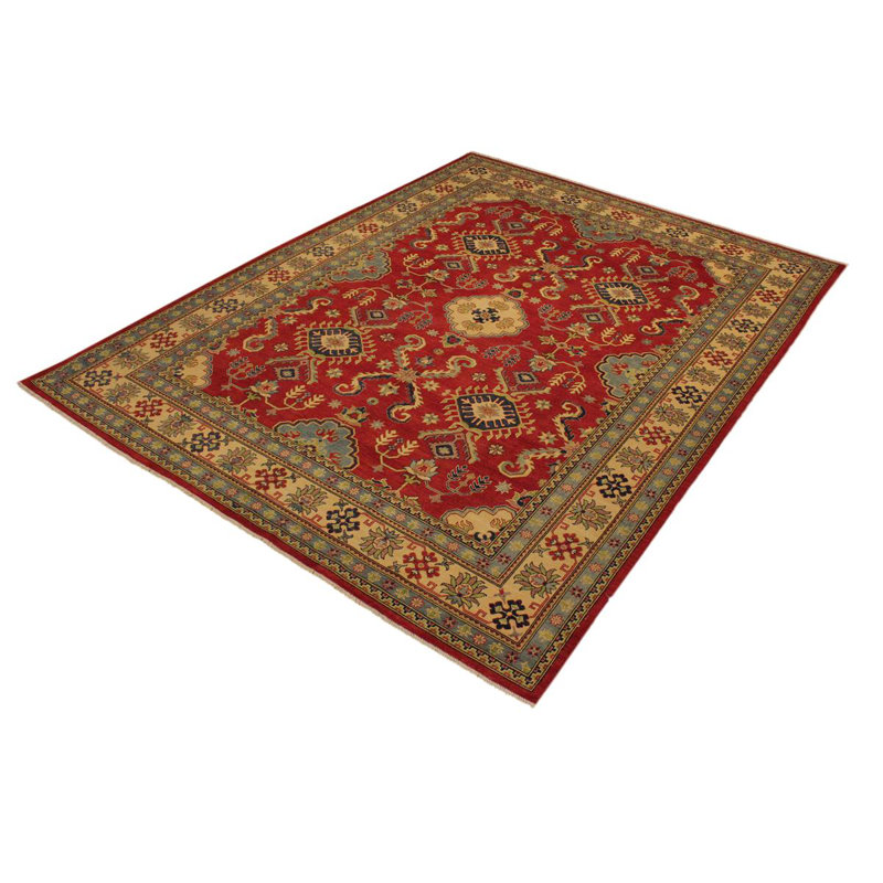 Tapis rouge / vert en laine crocheté à la main à motif oriental 8 pi 11 po x 11 pi 9 po Lovorko
