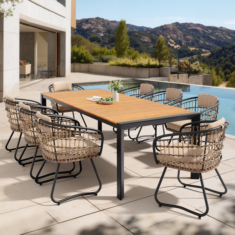 8 - Person Aluminum Patio Dining Set With Rattan Chairs And Umbrella Hole, Beige Cushion/Brown Table Top