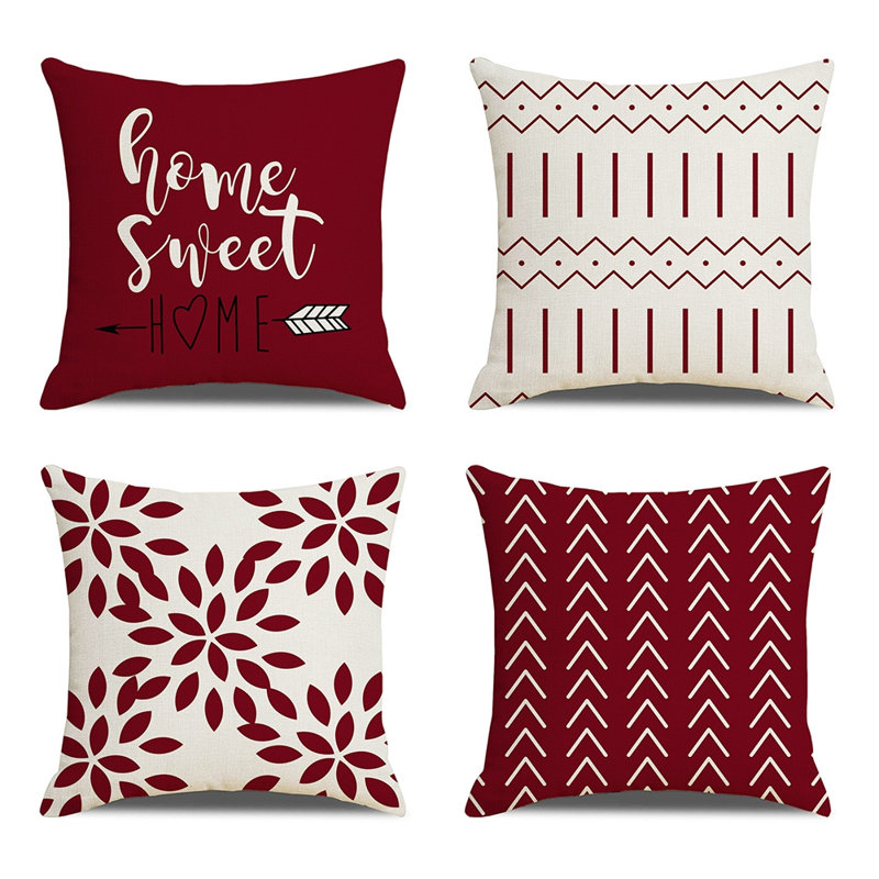 Ensemble de 4 housses de coussins décoratifs en lin 18 x 18 pouces, Géométrique rouge