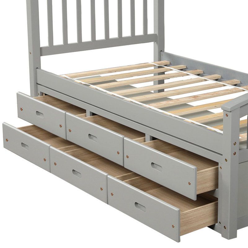 Lit standard 6 tiroirs en bois massif, Gris