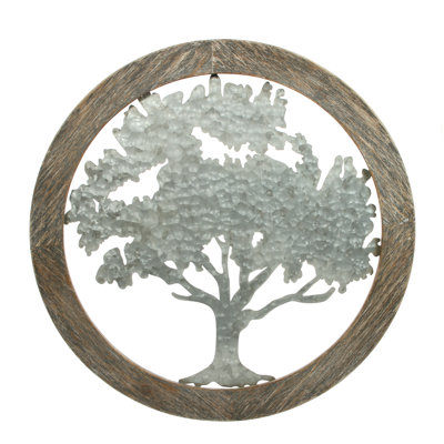 Hosley Metal Tree of Life Wall Art with Wooden Ring 20 Inch Round – Rustic Farmhouse Wall Décor for Living Room, Bathroom, Bedroom, Dining Room – Housewarming Gifts
