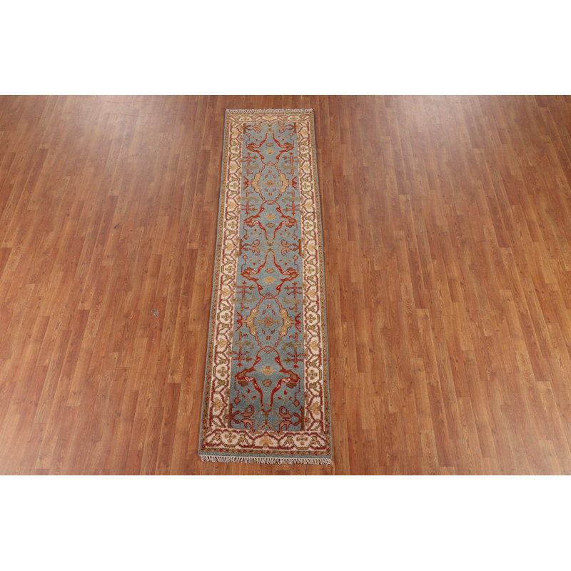 Tapis de couloir indien bleu clair à motif floral Oushak 3 x 10