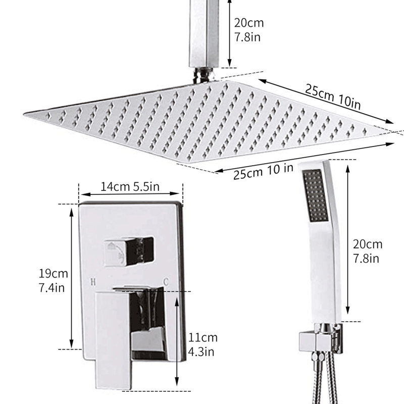 Contemporary Bathroom Shower Valve - Wall Mounted With Rainfall Head Luxury Faucet Polished Rain, Silver