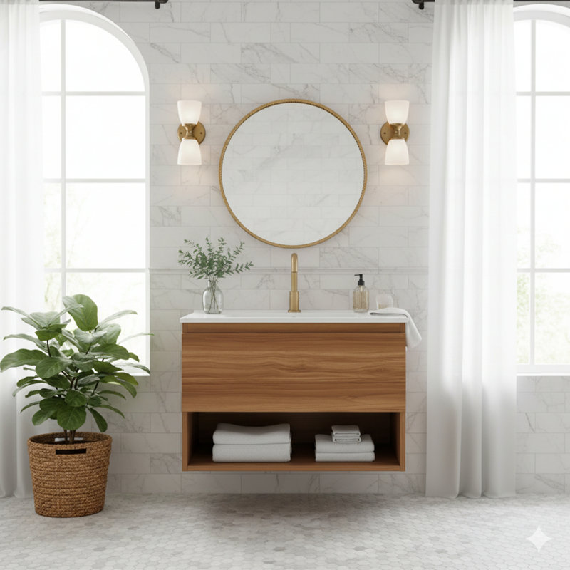 Meuble-lavabo de salle de bain avec lavabo en céramique - Meuble-lavabo mural flottant avec tiroirs en noyer, 23.23