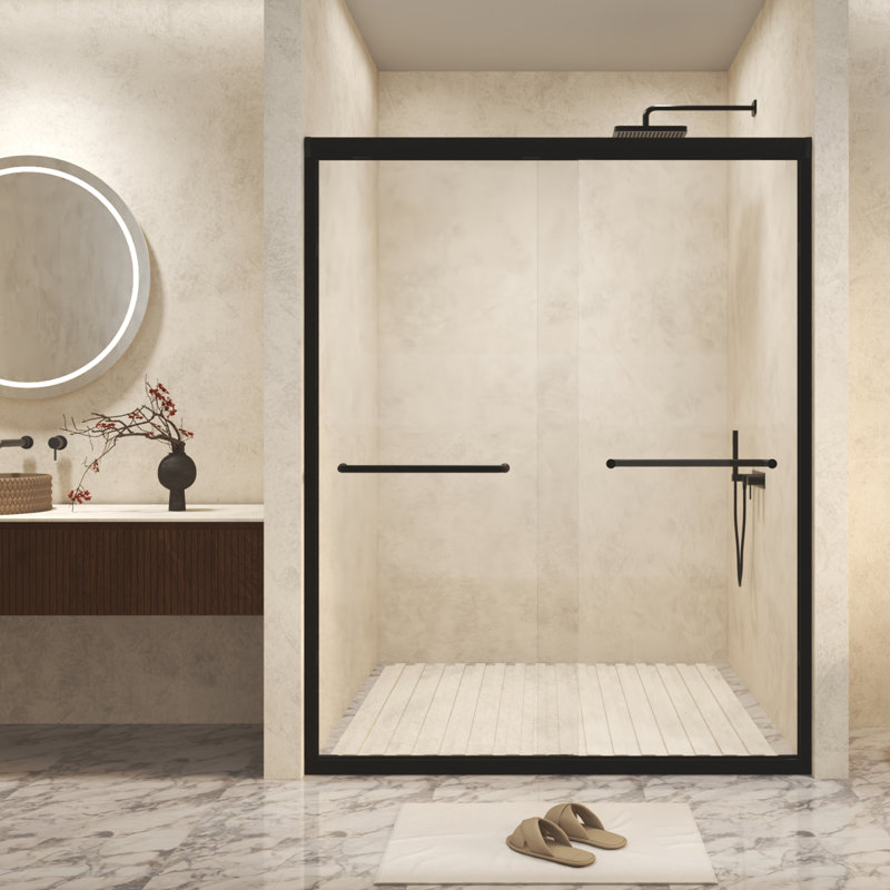 Tempered Glass Double Sliding Shower Door with Safety Film, Aluminum Frame, Black