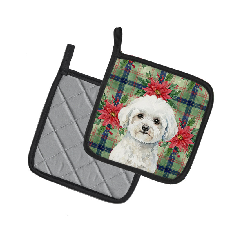 Paire de poignées Bichon Frise Christmas Poinsettas
