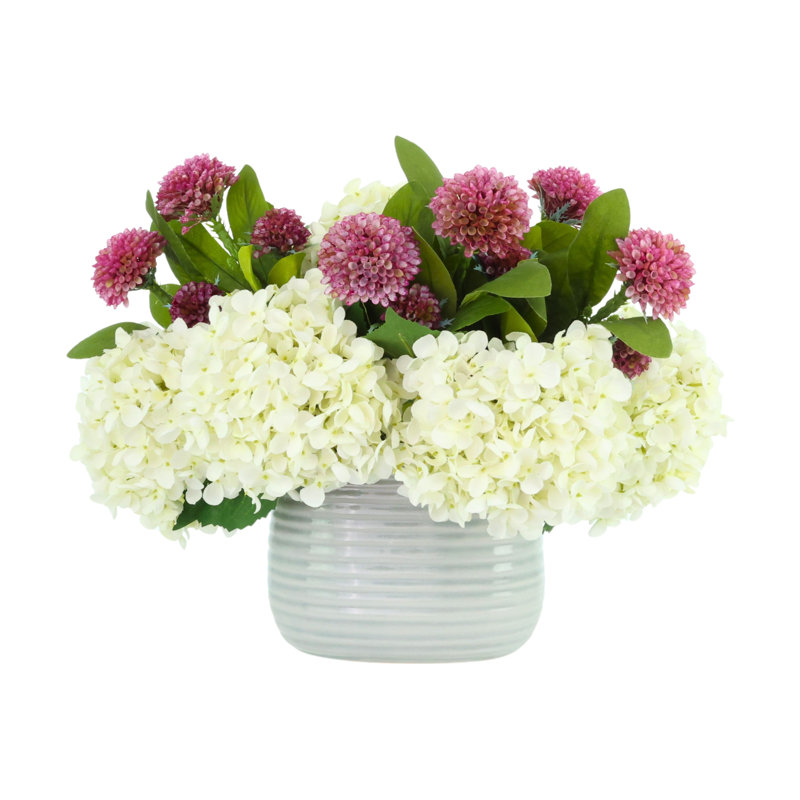 Hydrangea and Dahlia Arrangement in Ridged Vase