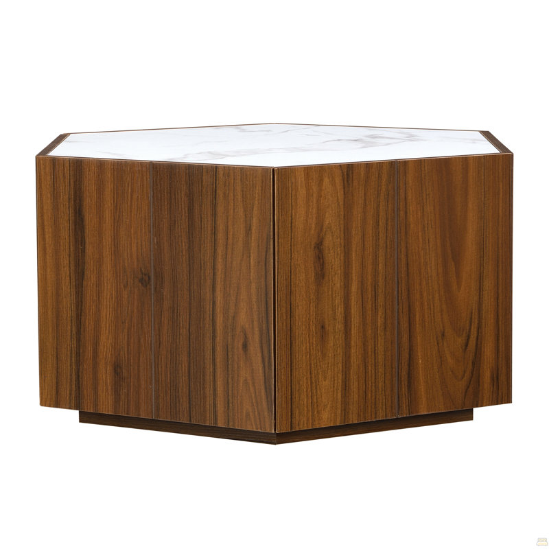 Table basse hexagonale, avec 2 tiroirs cachés, plateau en marbre blanc texturé