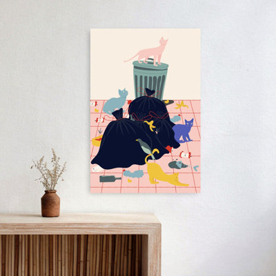 Cats Playful Contemporary Bird Cat Fish City Wall Art Print