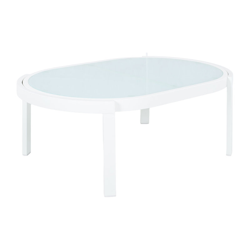 Table basse d'extérieur moderne avec plateau en verre trempé, structure en aluminium blanc, table de patio résistante aux intempéries pour la cour, la terrasse et le bord de la piscine