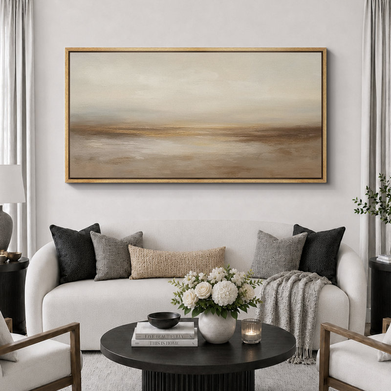 Large Framed Canvas Print Wall Art - Abstract Landscape Print for Modern Home Decor, 30" H x 60" W, Natural