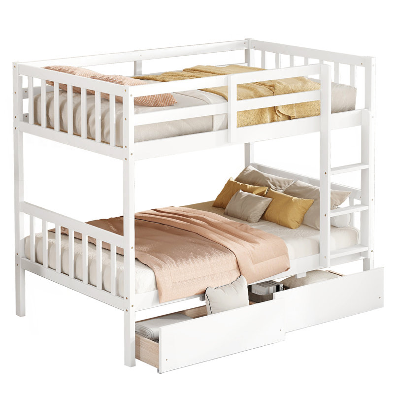Lit superposé simple en bois d'hévéa avec tiroirs, convertible en deux lits simples, garde-corps de sécurité, Blanc