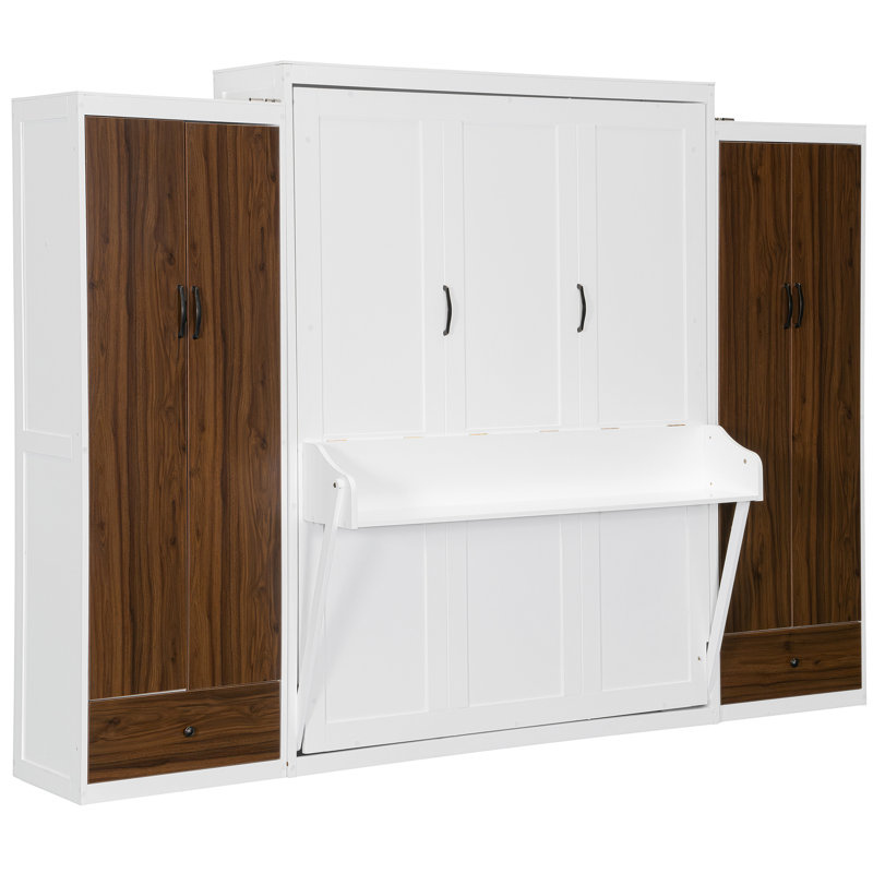 Mur de lit avec placard, tiroirs et table - blanc, peu encombrant, pliable, système de levage hydraulique, bureau rabattable intégré, rangement spacieux, lampe de chevet à DEL blanche