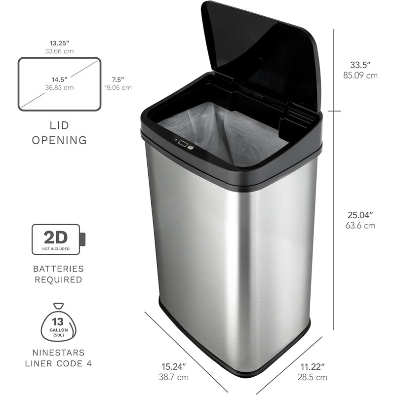 Automatic touchless motion sensor rectangular trash can, 13Gal, Black