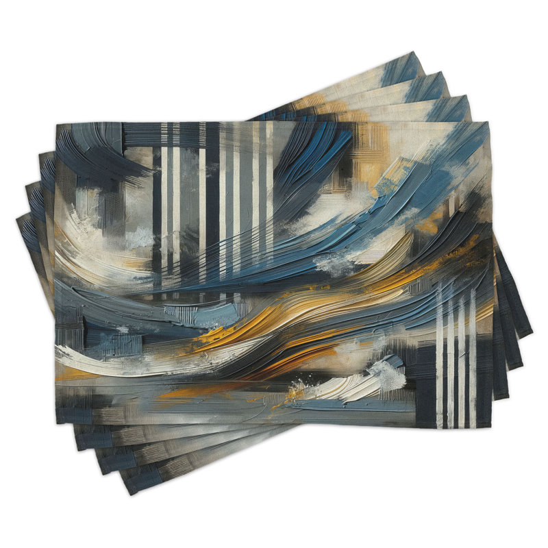 Abstract Brushstroke Navy Blue and Orange Polyester Placemats Set of 4
