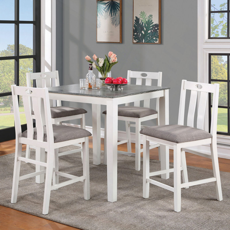 Table de salle à manger à hauteur de comptoir 5 pièces en bois massif blanc