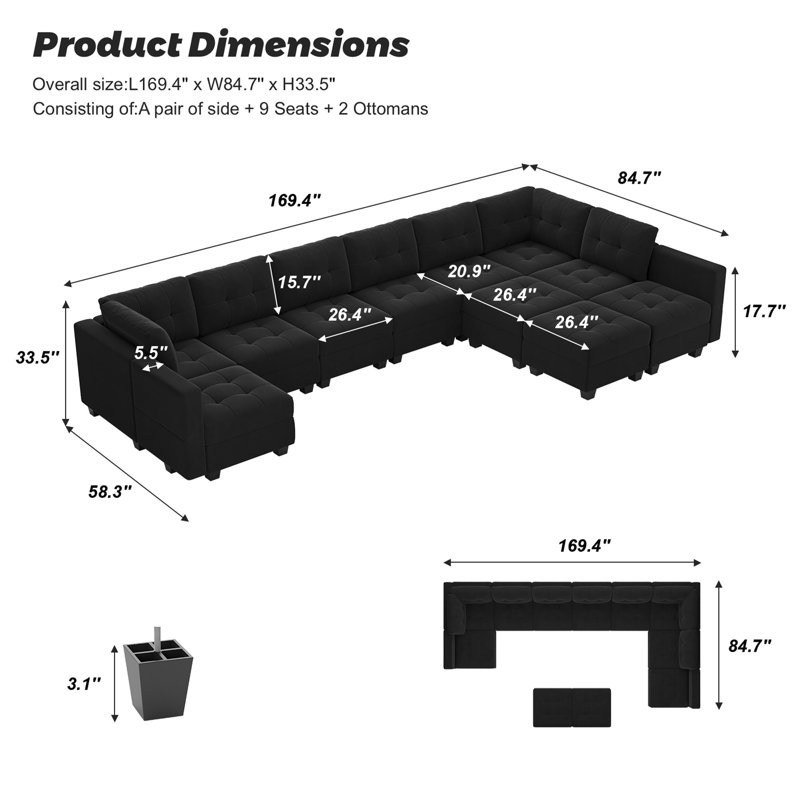 Canapé modulaire rembourré 12 pièces Soneson, Velours noir