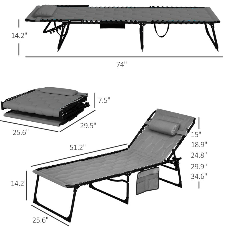 Chaise longue pliante grise avec 5 niveaux inclinables, siège rembourré et poche latérale pour la chaise de plage