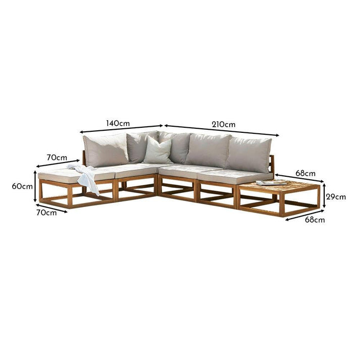 Rimasha 5 Seater Wooden Garden Chaise Corner Sofa Set with Coffee Table, Beige