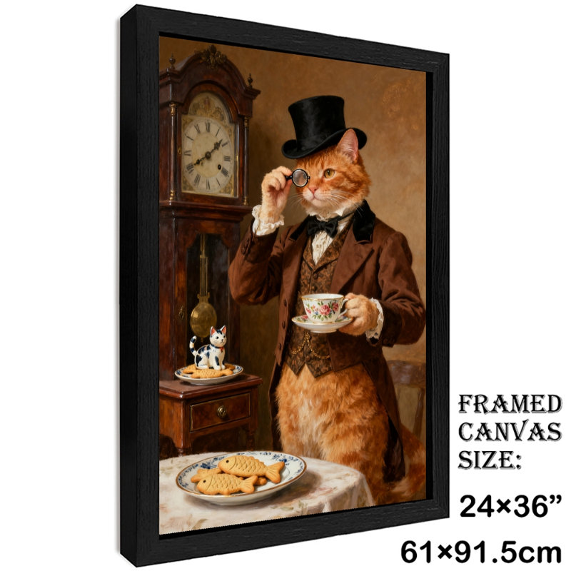 «Black Cat Vintage» encadré noir, art buvant du thé, impressions encadrées de style rétro, H 37 po x l 25 po