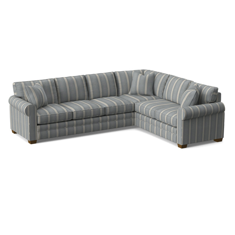 Bedford Upholstered L-Sectional, Havana Finish, Light Blue and White Stripe; 0256-54, Right Hand Facing