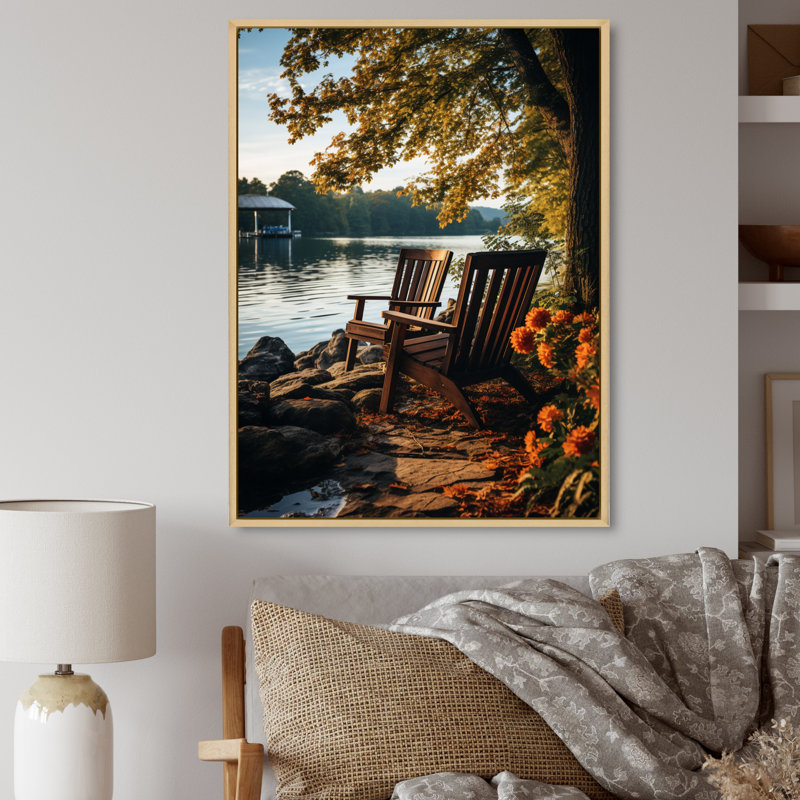 Waterfront Benchs I - reproduction sur toile, 32" H x 16" W, Cadre naturel flottant