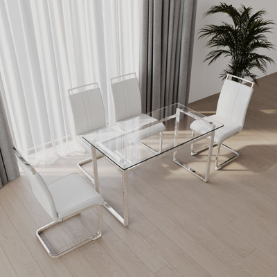 Glass Dining Table Set For 4, Dining Table & Chair Sets With Plating Legs For Kitchen, Modern Rectangle Tempered Glass Table Top And PU Dining Armless Chair For Dining Room