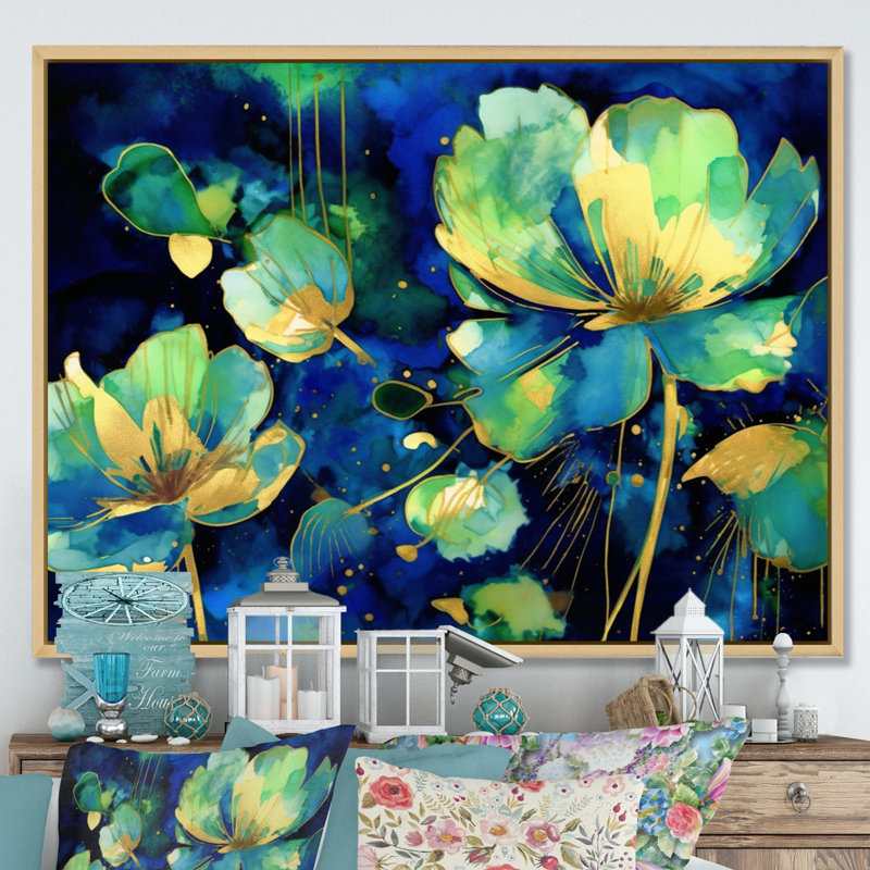 Étang de lotus vert sur toile, H 30 po x l 40 po x P 1,5 po, Toile naturelle