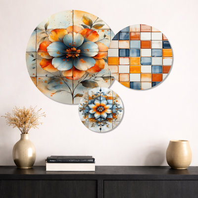 «Orange Blue Azulejo Artistry Boho Tiles I», ensemble de 3 reproductions d'art murales