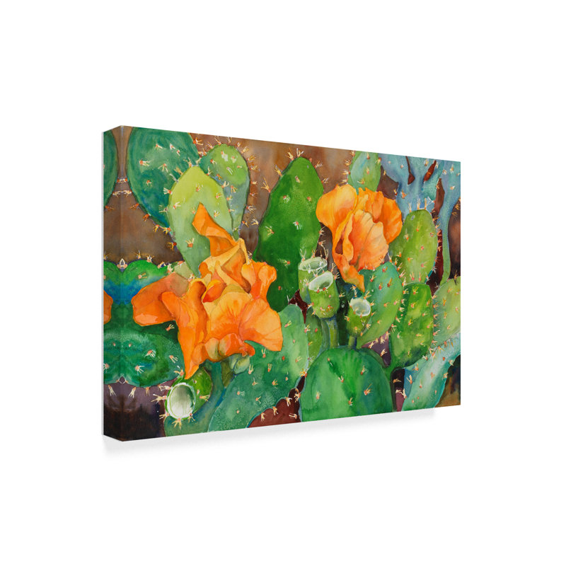 Blossoming Cactus Orange Flowers Framed Canvas Art 16x24