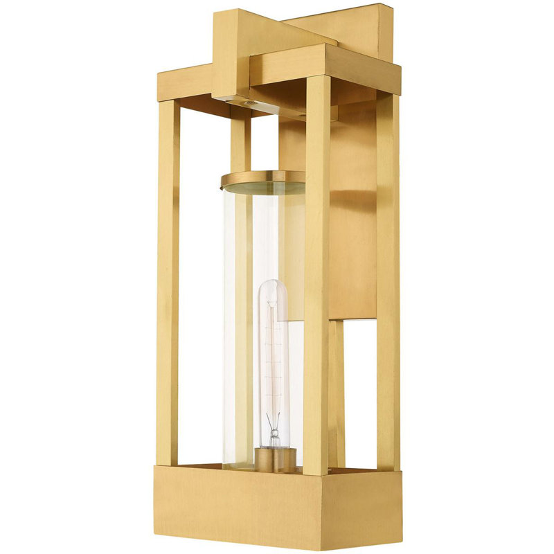 1 Light Outdoor Wall Lantern Pendant Fixture with Clear Glass Shade, 20" H x 8" W x 8" D,  Satin Brass