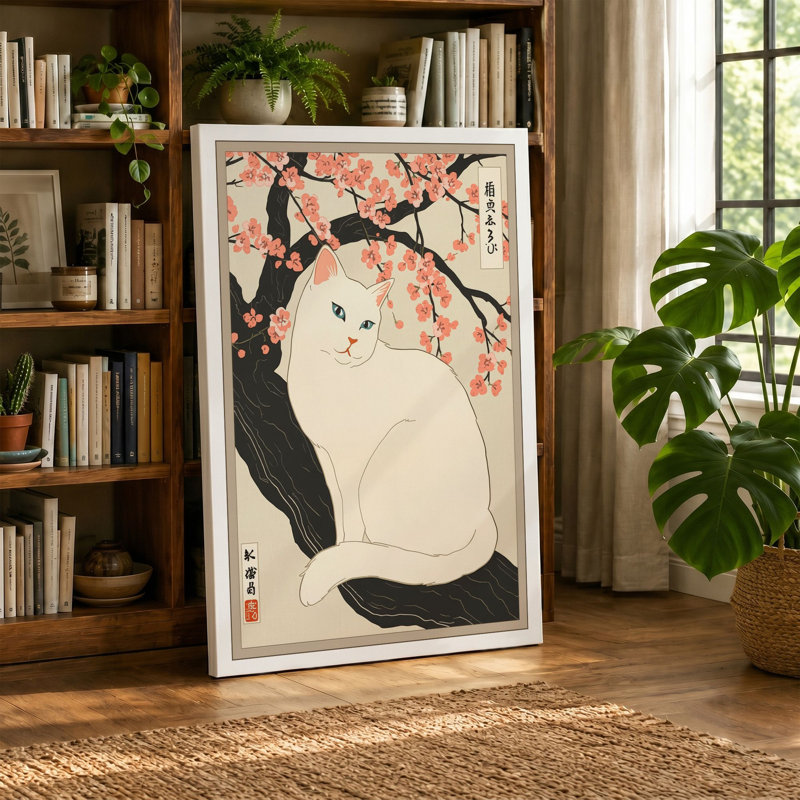 Cat and Cherry Blossoms Japandi - Wrapped Canvas, 18x12 - 45.7 x 30.5 cm, Taupe Border
