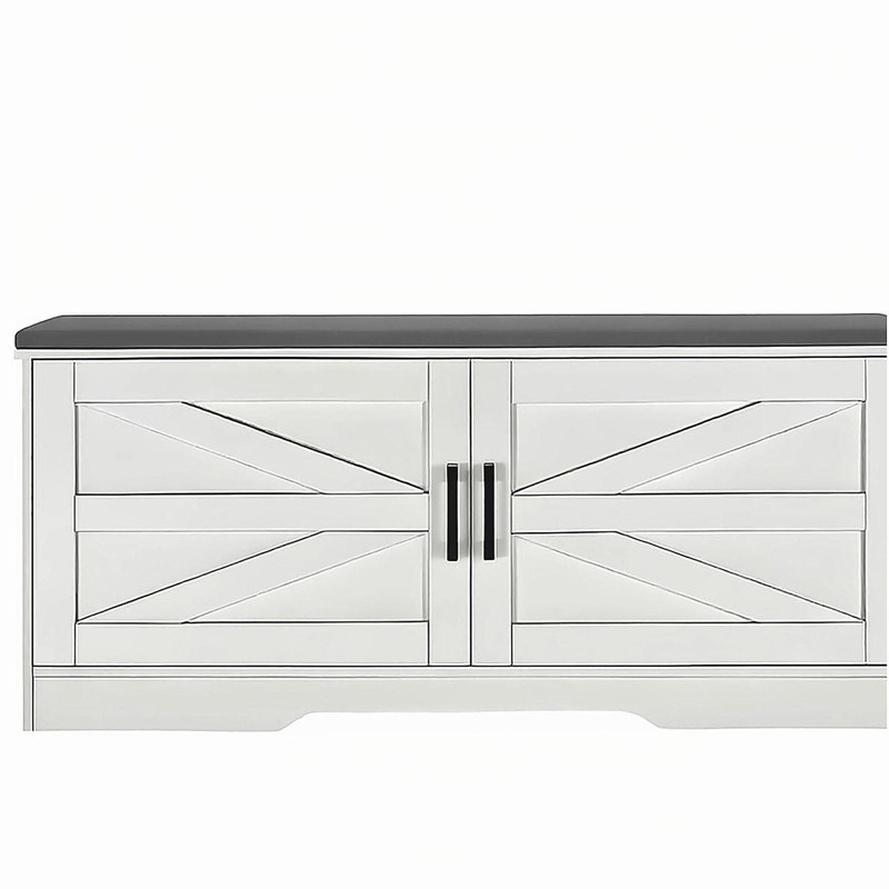 2-Tier Storage Bench, Shoe Bench with Padded Seat Cushion, Entryway Bench with 2 Barn Doors & 2 Adjustable Shelves
