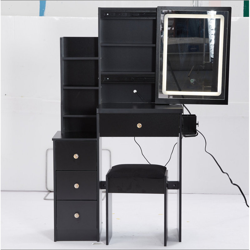 29.2" Small Size Left Bedside Cabinet Vanity Table + Cushioned Stool, 2 AC+2 USB Power Station, Hair Dryer Bracket, Extra Large Touch Control Sliding LED Mirror, Tri-Color Switching, Brightness Adjust