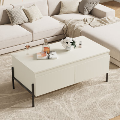 Table basse blanche en bois avec rangement ouvert et pieds en métal - Table avec tiroirs pour le salon, le bureau, la chambre à coucher ou l'extérieur