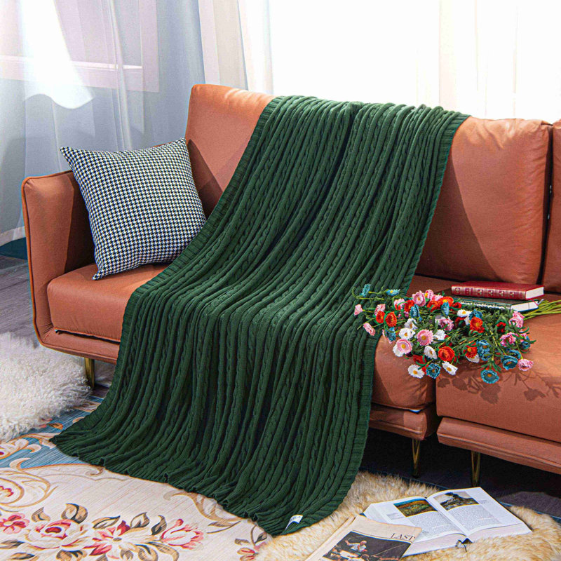 Couverture en coton tricoté , Vert foncé, L 80 po x l 60 po