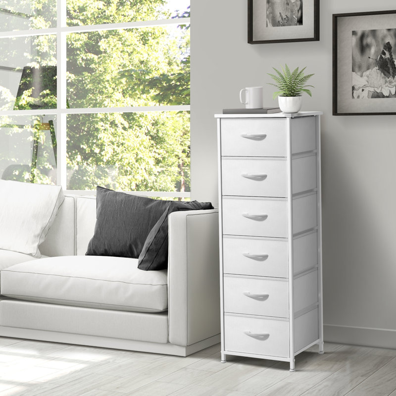Commode haute 6 tiroirs Sorbus avec structure en acier, plateau en bois et bacs en tissu pliables Easy Pull, Blanc