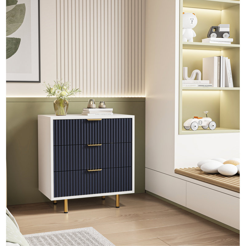 DFW 3 Drawer Dresser For Bedroom, Fluted Modern Nightstand With Deep Drawers, Chest Of Drawers With Wide Top, Wooden Dresser Organizer, Side Table For Living Room, Hallway, Kids Room White+Navy Blue